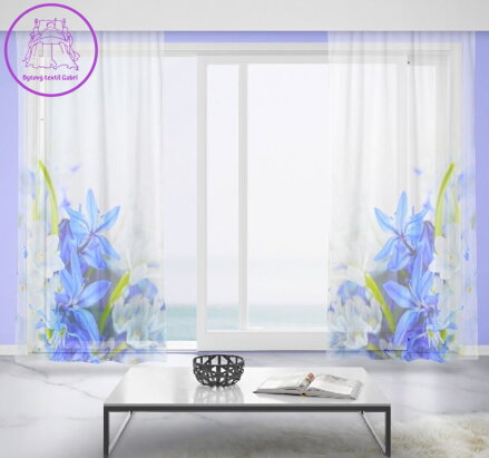 Záclony s 3D potiskem 2x150x250cm - Modré a bílé květy