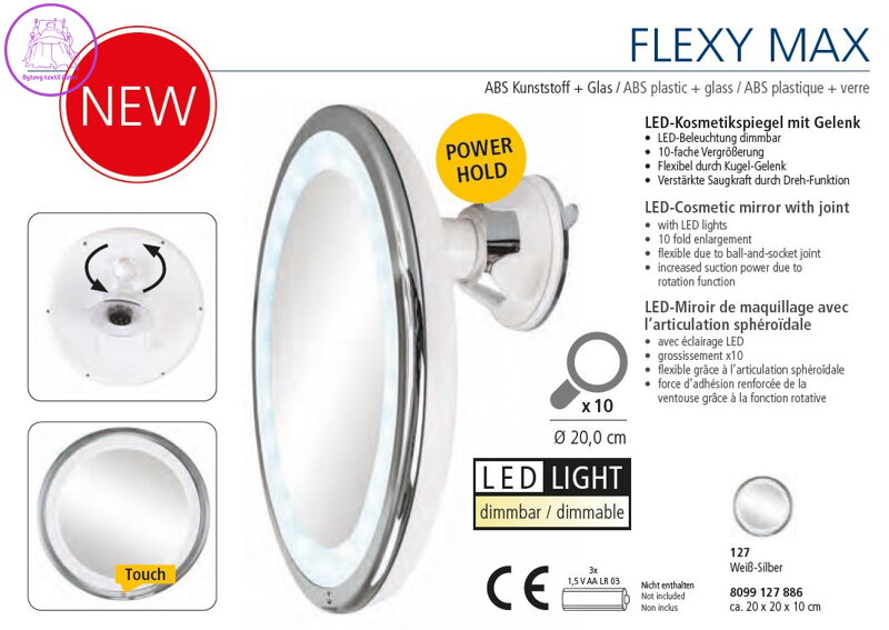 Kosmetické zrcadlo s LED osvětlením bílé/stříbrné Ø 20,0 cm - Flexy Max 2024