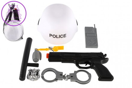 Sada policie SWAT helma+pistole na setrvačník s doplňky plast v síťce