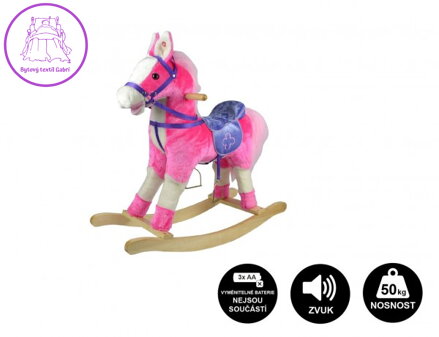 Kůň houpací růžový plyš na baterie 71cm se zvukem a pohybem nosnost 50kg v krabici 62x56x19cm